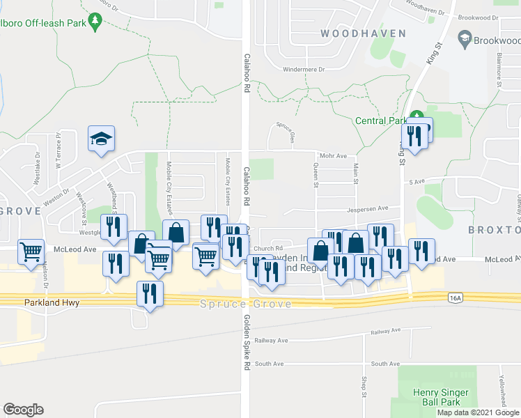 map of restaurants, bars, coffee shops, grocery stores, and more near 110 Jespersen Avenue in Spruce Grove