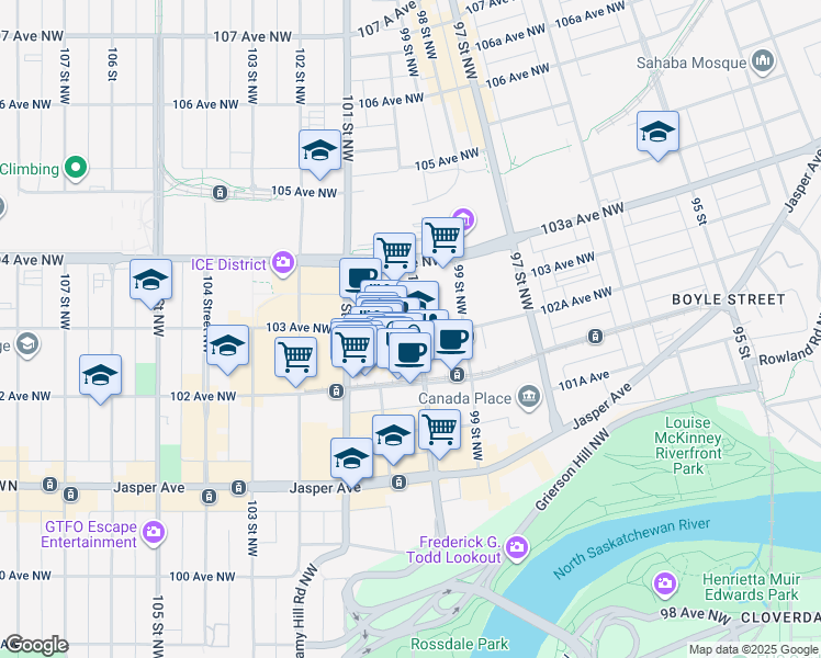map of restaurants, bars, coffee shops, grocery stores, and more near 15 Sir Winston Churchill Square Northwest in Edmonton