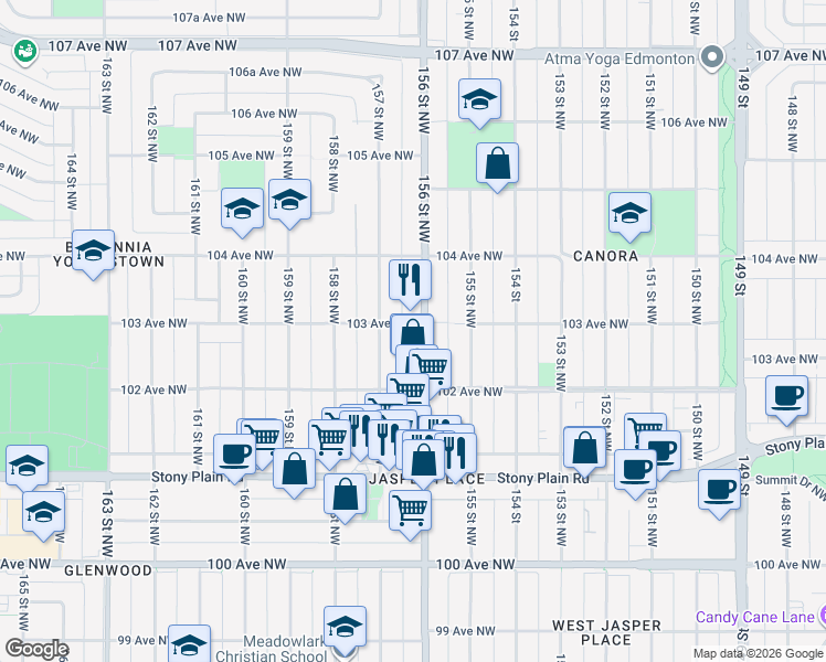 map of restaurants, bars, coffee shops, grocery stores, and more near 15603 103 Avenue Northwest in Edmonton