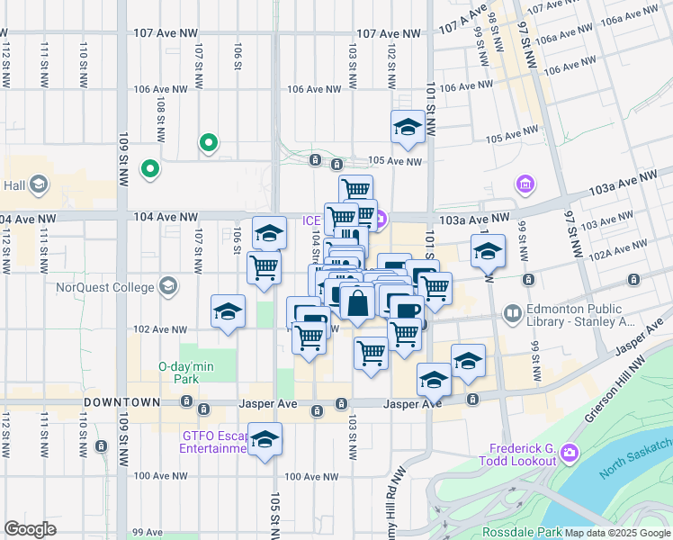 map of restaurants, bars, coffee shops, grocery stores, and more near 10220 103 Avenue Northwest in Edmonton