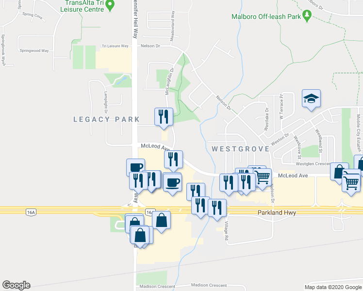 map of restaurants, bars, coffee shops, grocery stores, and more near 4 McLeod Avenue in Spruce Grove