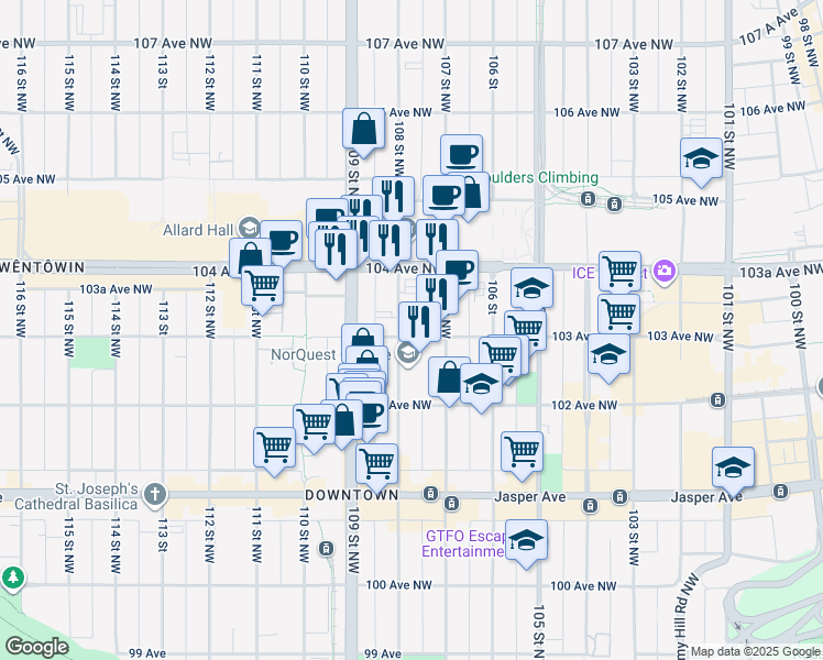 map of restaurants, bars, coffee shops, grocery stores, and more near 10307 108 Street Northwest in Edmonton