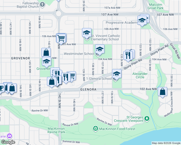 map of restaurants, bars, coffee shops, grocery stores, and more near in Edmonton