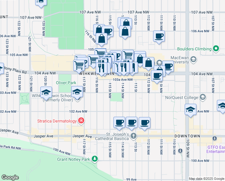 map of restaurants, bars, coffee shops, grocery stores, and more near 10303 115 Street Northwest in Edmonton