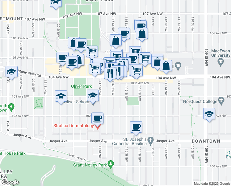 map of restaurants, bars, coffee shops, grocery stores, and more near 10305 116 Street Northwest in Edmonton