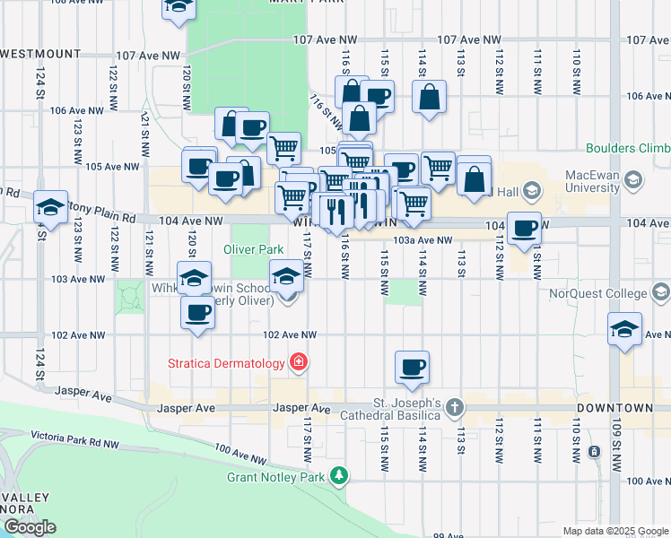 map of restaurants, bars, coffee shops, grocery stores, and more near in Edmonton