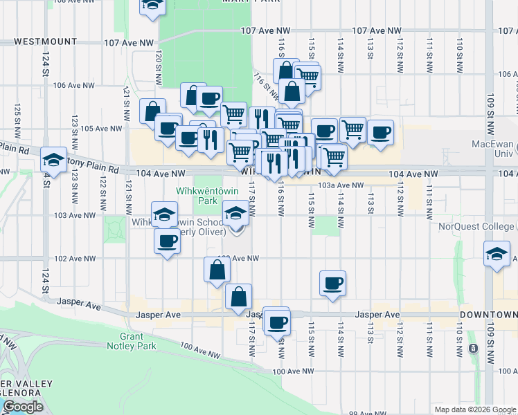 map of restaurants, bars, coffee shops, grocery stores, and more near 10325 117 Street Northwest in Edmonton