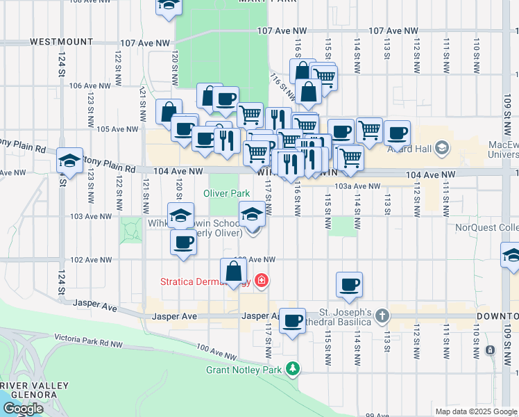 map of restaurants, bars, coffee shops, grocery stores, and more near 10325 117 Street Northwest in Edmonton
