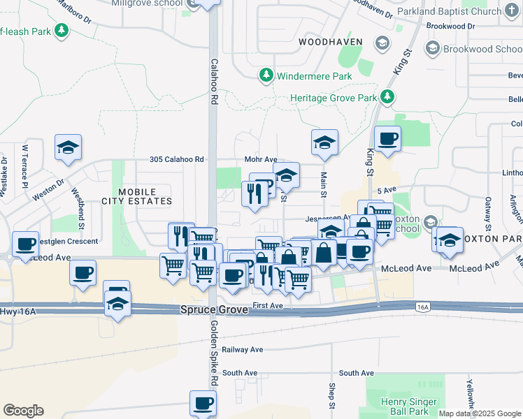 map of restaurants, bars, coffee shops, grocery stores, and more near in Spruce Grove