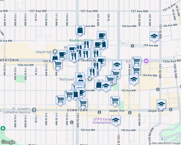 map of restaurants, bars, coffee shops, grocery stores, and more near 10307 108 Street Northwest in Edmonton