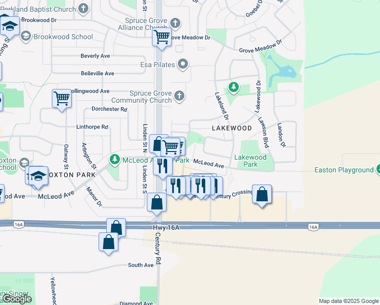 map of restaurants, bars, coffee shops, grocery stores, and more near 6 Landsdowne Drive in Spruce Grove