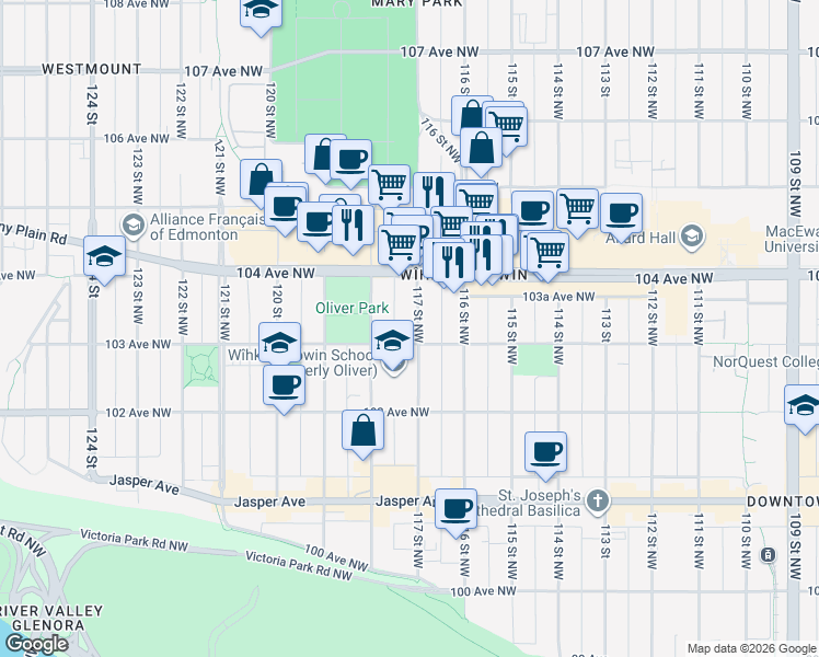 map of restaurants, bars, coffee shops, grocery stores, and more near 10310 117 Street Northwest in Edmonton