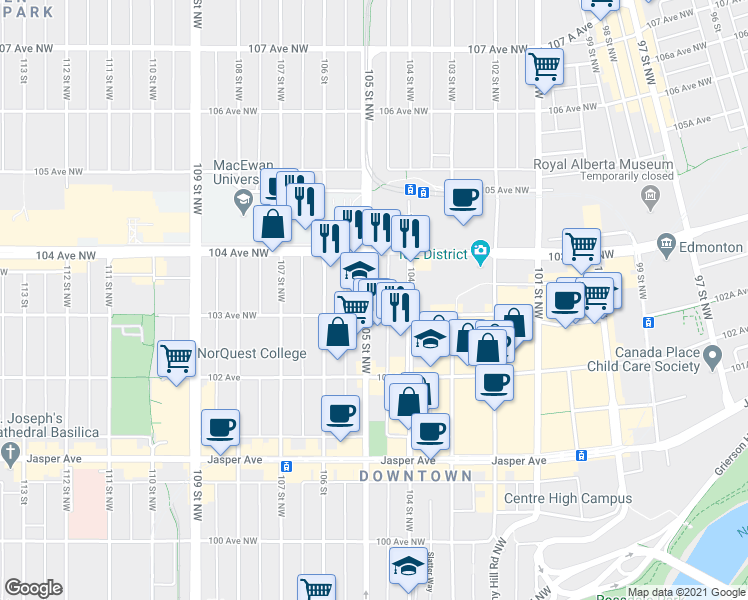 map of restaurants, bars, coffee shops, grocery stores, and more near 10345 105 Street Northwest in Edmonton