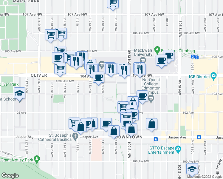 map of restaurants, bars, coffee shops, grocery stores, and more near 205-10319 111 Street Northwest in Edmonton