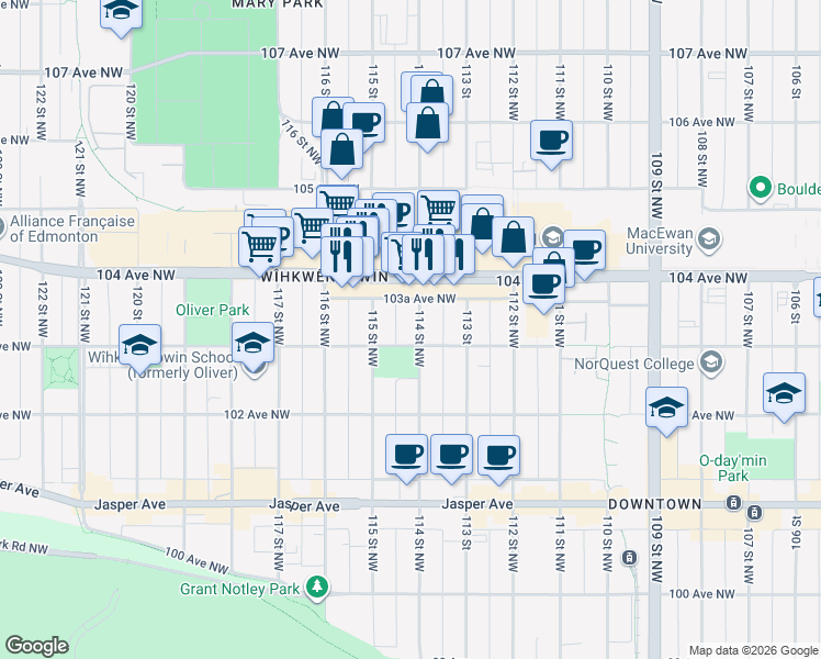 map of restaurants, bars, coffee shops, grocery stores, and more near 10336 114 Street Northwest in Edmonton