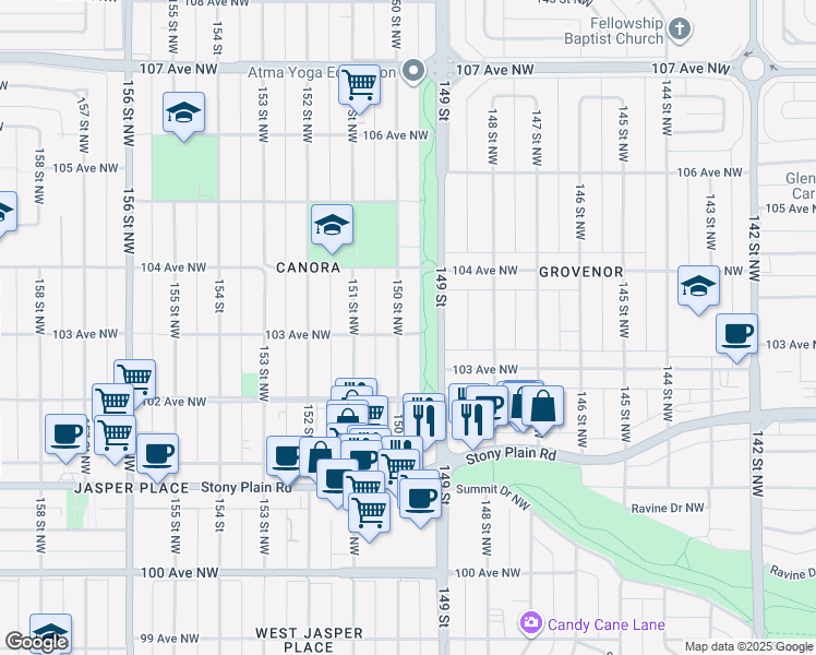 map of restaurants, bars, coffee shops, grocery stores, and more near 10318 150 Street Northwest in Edmonton