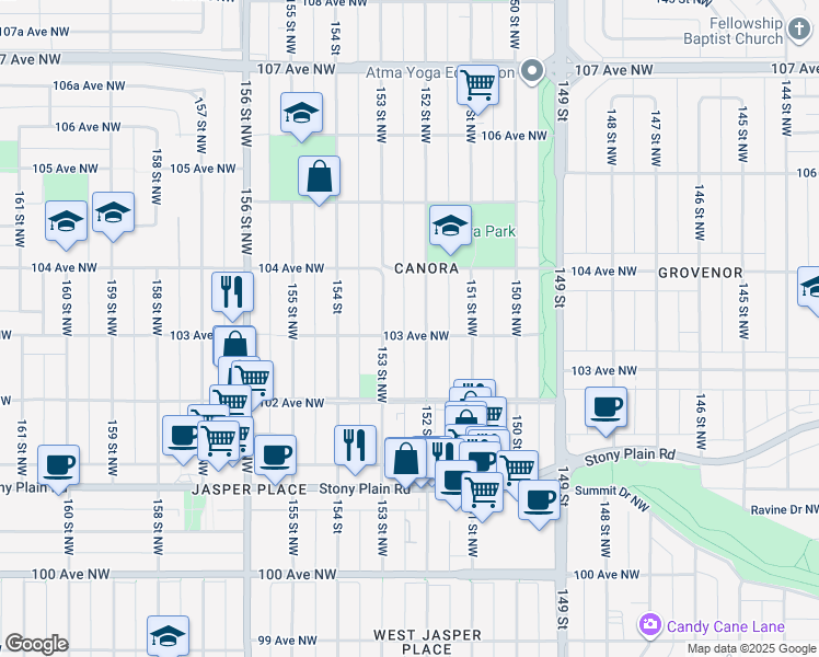 map of restaurants, bars, coffee shops, grocery stores, and more near 10315 153 Street Northwest in Edmonton