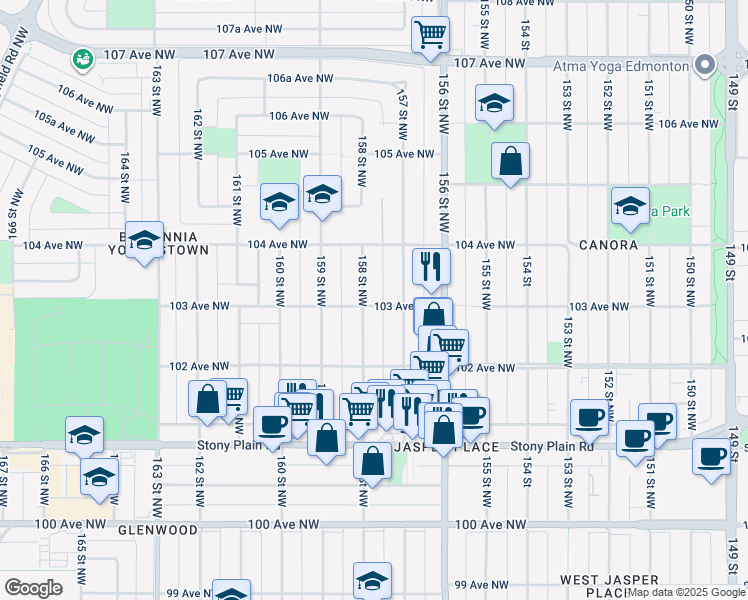 map of restaurants, bars, coffee shops, grocery stores, and more near 10315 158 Street Northwest in Edmonton