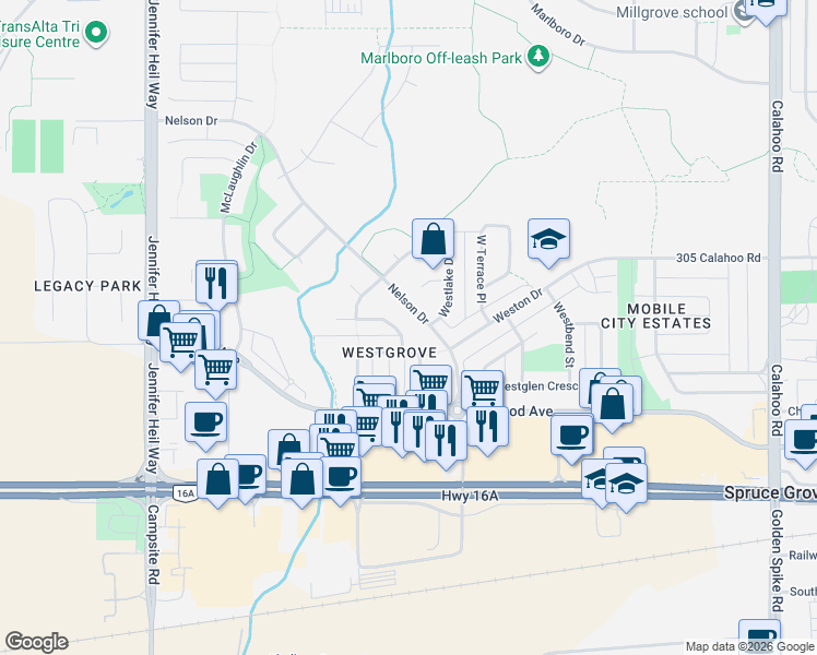 map of restaurants, bars, coffee shops, grocery stores, and more near 122 Westbourne Road in Spruce Grove