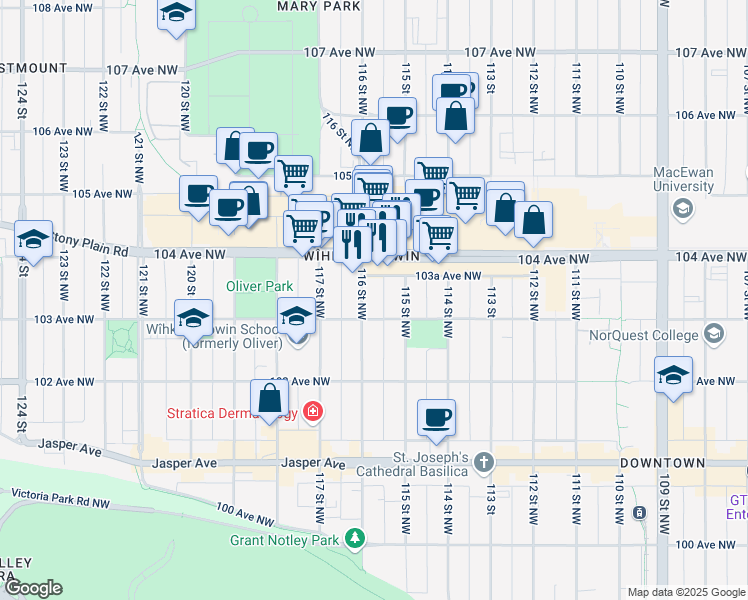 map of restaurants, bars, coffee shops, grocery stores, and more near 10315 116 Street Northwest in Edmonton
