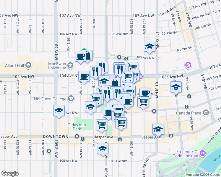 map of restaurants, bars, coffee shops, grocery stores, and more near 10345 105 Street Northwest in Edmonton