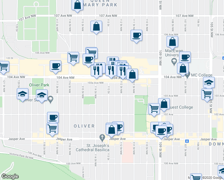 map of restaurants, bars, coffee shops, grocery stores, and more near 11219 103A Avenue Northwest in Edmonton
