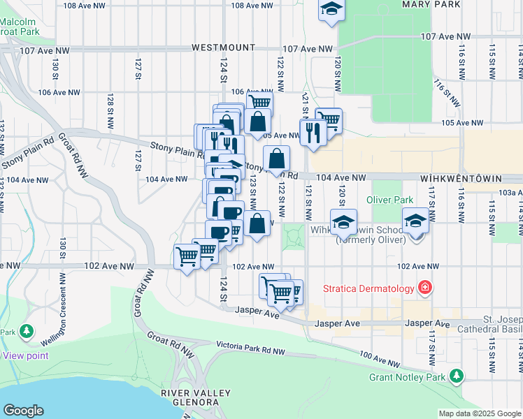 map of restaurants, bars, coffee shops, grocery stores, and more near in Edmonton