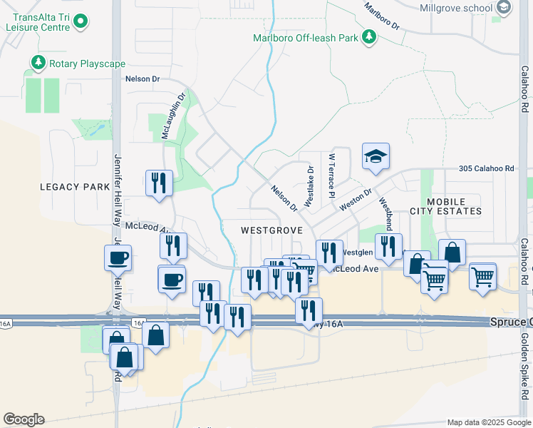 map of restaurants, bars, coffee shops, grocery stores, and more near 122 Westbourne Road in Spruce Grove