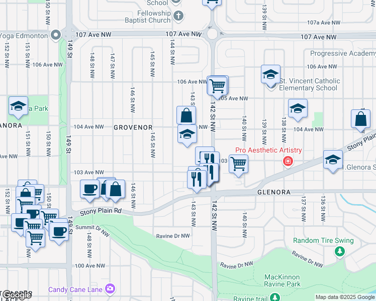 map of restaurants, bars, coffee shops, grocery stores, and more near 10345 144 Street Northwest in Edmonton