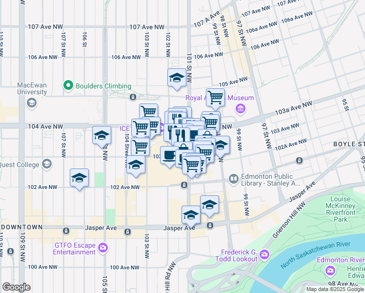 map of restaurants, bars, coffee shops, grocery stores, and more near 10103 104 Avenue Northwest in Edmonton