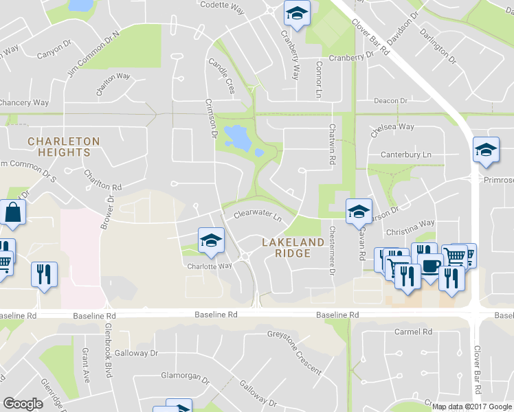 map of restaurants, bars, coffee shops, grocery stores, and more near 48 Clearwater Lane in Sherwood Park