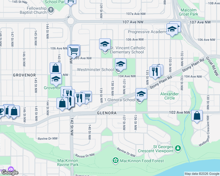 map of restaurants, bars, coffee shops, grocery stores, and more near in Edmonton