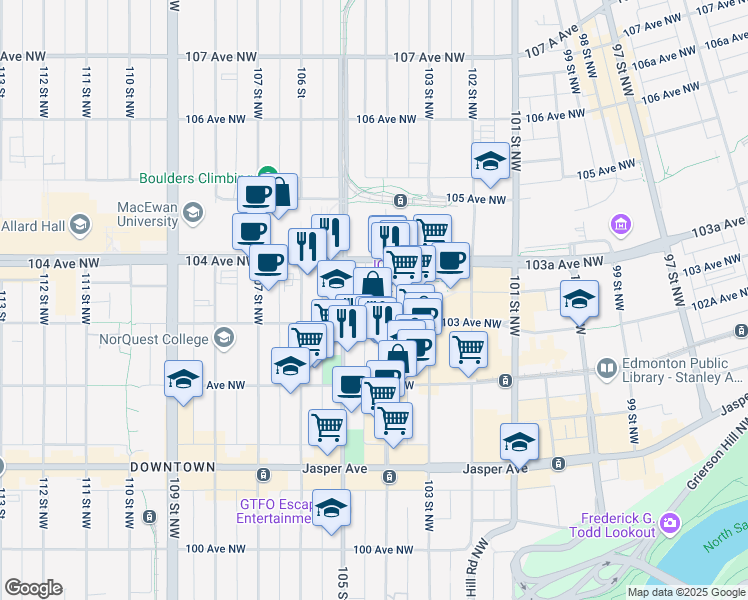 map of restaurants, bars, coffee shops, grocery stores, and more near 10345 105 Street Northwest in Edmonton