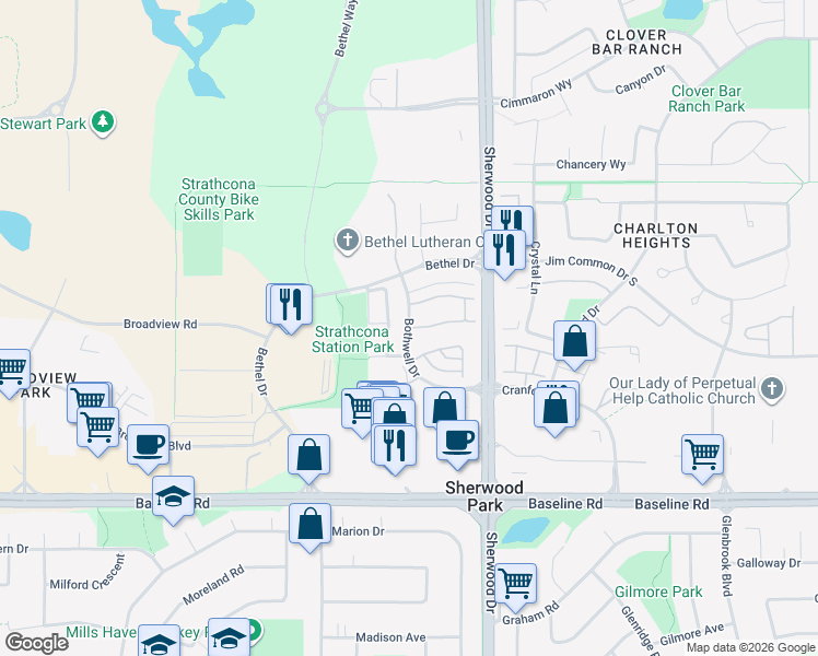 map of restaurants, bars, coffee shops, grocery stores, and more near Bothwell Drive in Sherwood Park