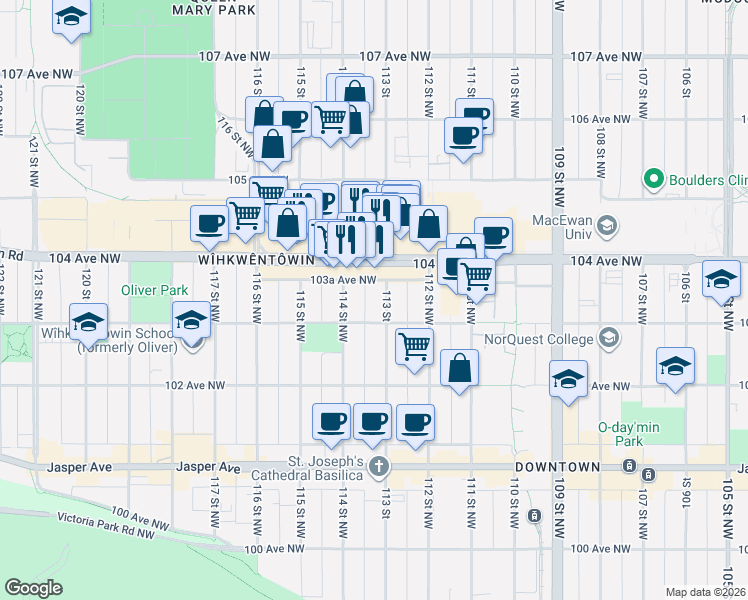 map of restaurants, bars, coffee shops, grocery stores, and more near 10335 114 Street Northwest in Edmonton