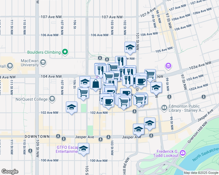 map of restaurants, bars, coffee shops, grocery stores, and more near 10324 103 Street Northwest in Edmonton