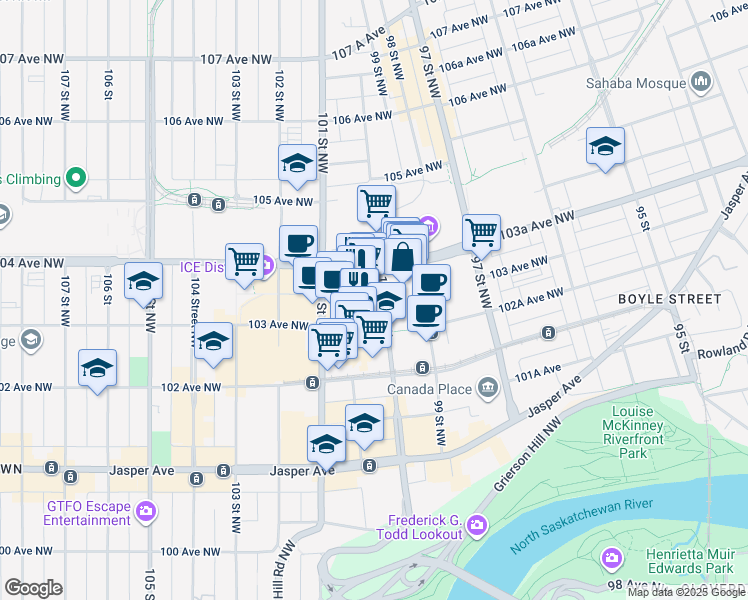 map of restaurants, bars, coffee shops, grocery stores, and more near 10015 103 Avenue Northwest in Edmonton