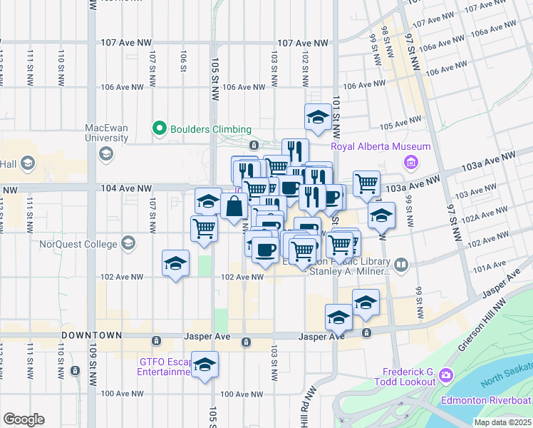 map of restaurants, bars, coffee shops, grocery stores, and more near 10324 103 Street Northwest in Edmonton