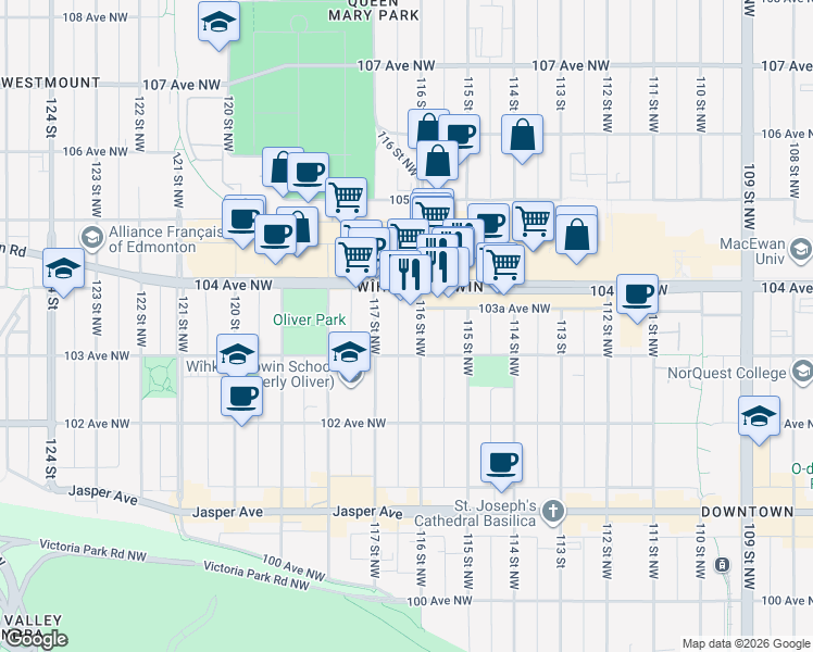 map of restaurants, bars, coffee shops, grocery stores, and more near 10330 116 Street Northwest in Edmonton