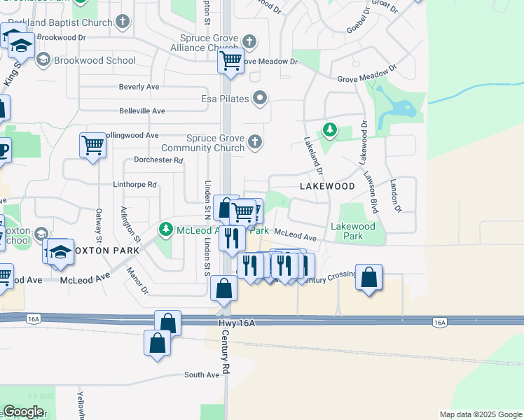 map of restaurants, bars, coffee shops, grocery stores, and more near 14 Landsdowne Drive in Spruce Grove