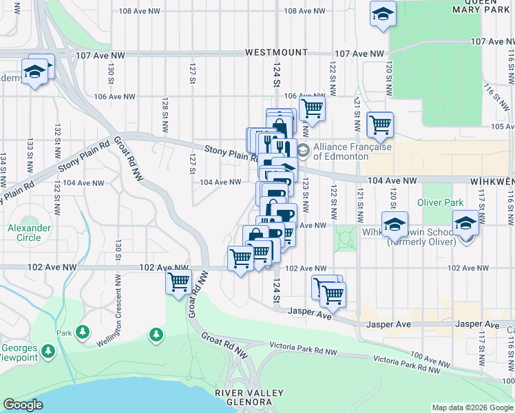 map of restaurants, bars, coffee shops, grocery stores, and more near in Edmonton