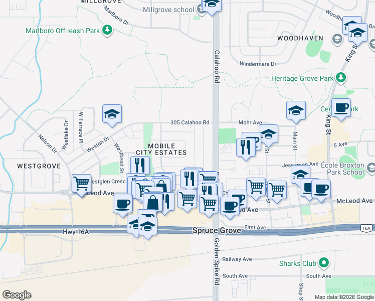 map of restaurants, bars, coffee shops, grocery stores, and more near in Spruce Grove