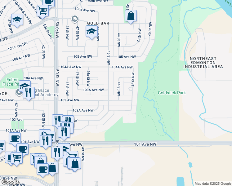 map of restaurants, bars, coffee shops, grocery stores, and more near 10312 44 Street Northwest in Edmonton