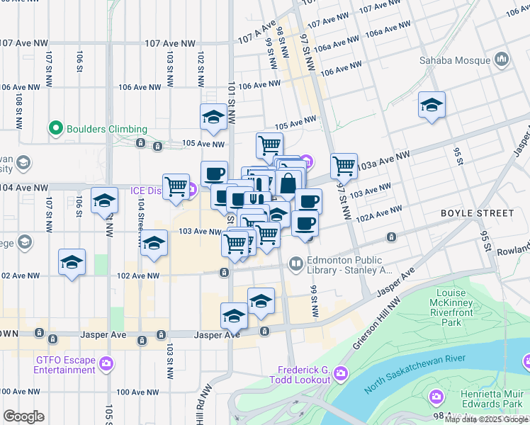 map of restaurants, bars, coffee shops, grocery stores, and more near 10024 103 Avenue Northwest in Edmonton