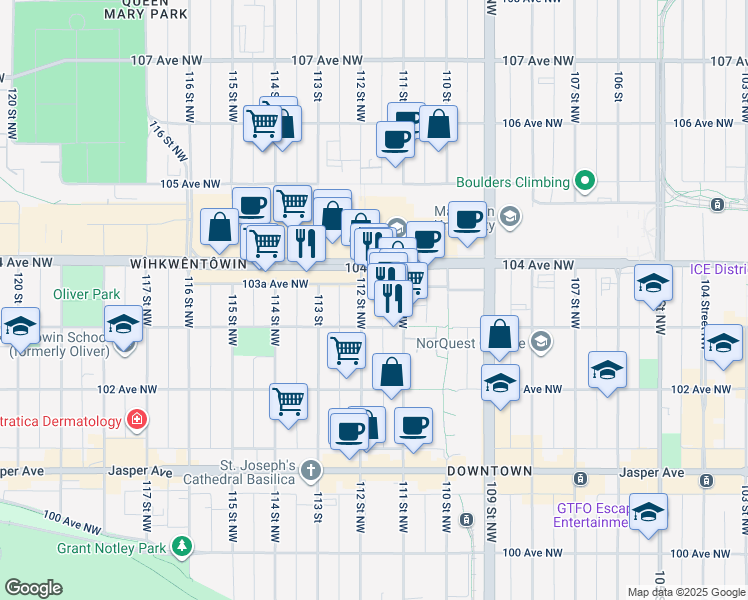 map of restaurants, bars, coffee shops, grocery stores, and more near 10338 112 Street Northwest in Edmonton