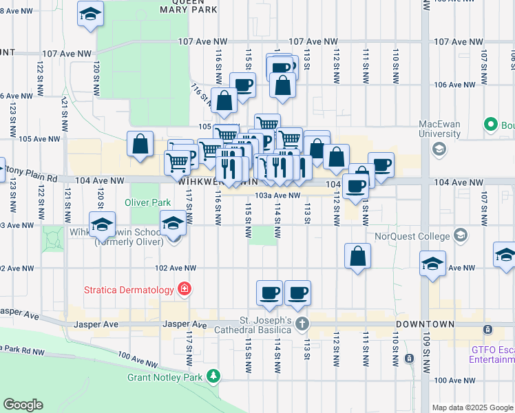 map of restaurants, bars, coffee shops, grocery stores, and more near 10336 114 Street Northwest in Edmonton