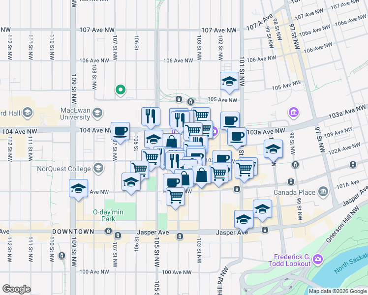 map of restaurants, bars, coffee shops, grocery stores, and more near 10324 103 Avenue Northwest in Edmonton