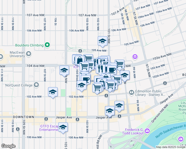map of restaurants, bars, coffee shops, grocery stores, and more near 10220 104 Avenue Northwest in Edmonton