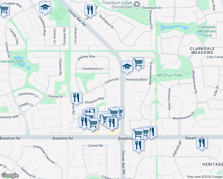 map of restaurants, bars, coffee shops, grocery stores, and more near 69 Christina Close in Sherwood Park