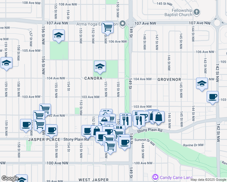 map of restaurants, bars, coffee shops, grocery stores, and more near 10318 150 Street Northwest in Edmonton